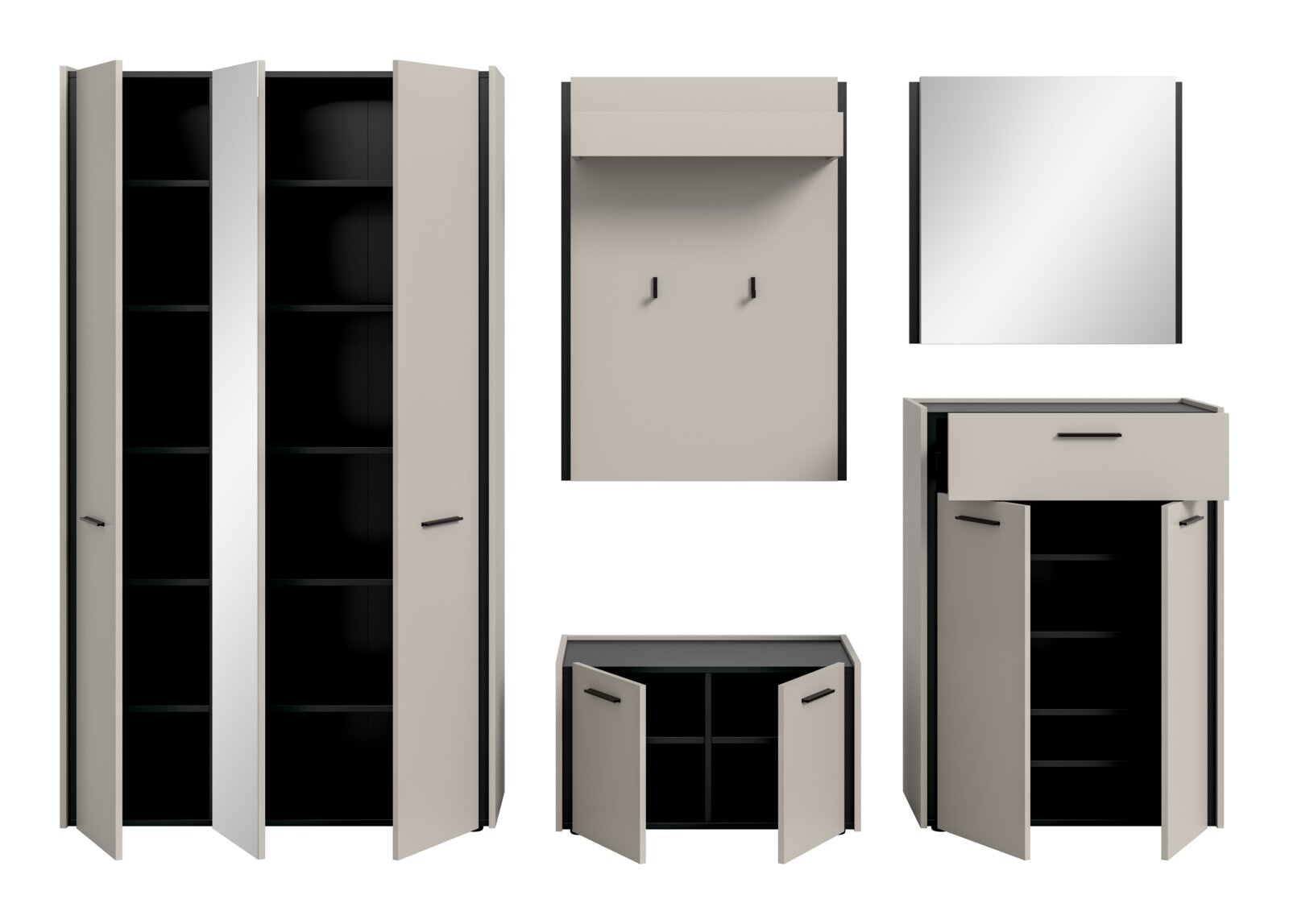 Modernes Badezimmermöbel-Set in Beige mit schwarzen Griffen, bestehend aus hohem Hochschrank, Spiegelschrank und Unterschrank mit Schublade; Darstellung in mehreren Ansichten, überwiegend Frontansicht mit teils geöffneten Türen und leichter Schrägansicht.