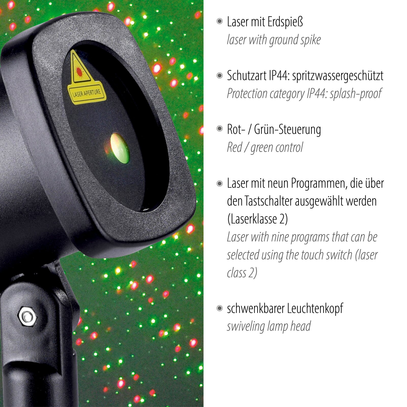 Schwarzer Outdoor-Laserprojektor mit schwenkbarem Leuchtenkopf, der rote und grüne Lichtpunkte projiziert; Nahaufnahme in schräger Vorderansicht.