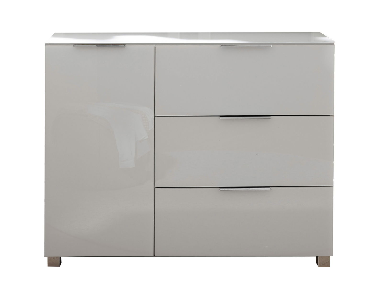 Moderne weiße Kommode mit drei Schubladen und einer Tür, frontal betrachtet.