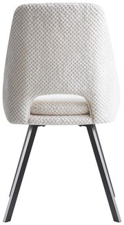 Rückansicht eines modernen Stuhls mit weißem, strukturiertem Stoffbezug und schwarzen Metallbeinen.