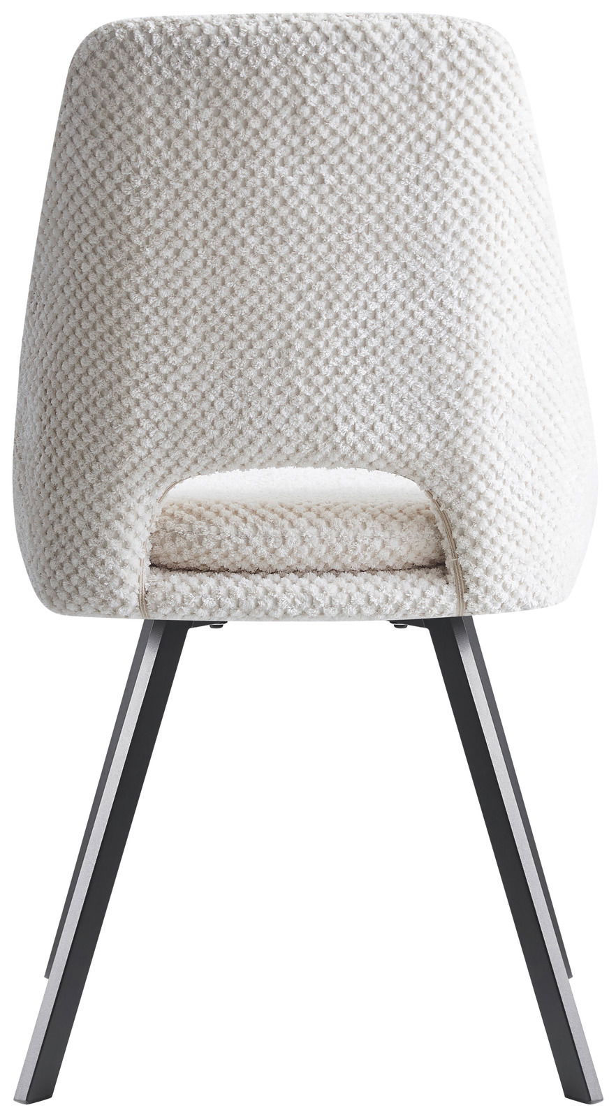 Rückansicht eines modernen Stuhls mit weißem, strukturiertem Stoffbezug und schwarzen Metallbeinen.