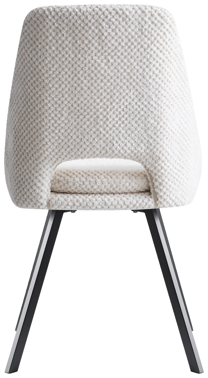 Z2 Stuhl FLAVIO Rückansicht eines modernen Stuhls mit weißem, strukturiertem Stoffbezug und schwarzen Metallbeinen.
