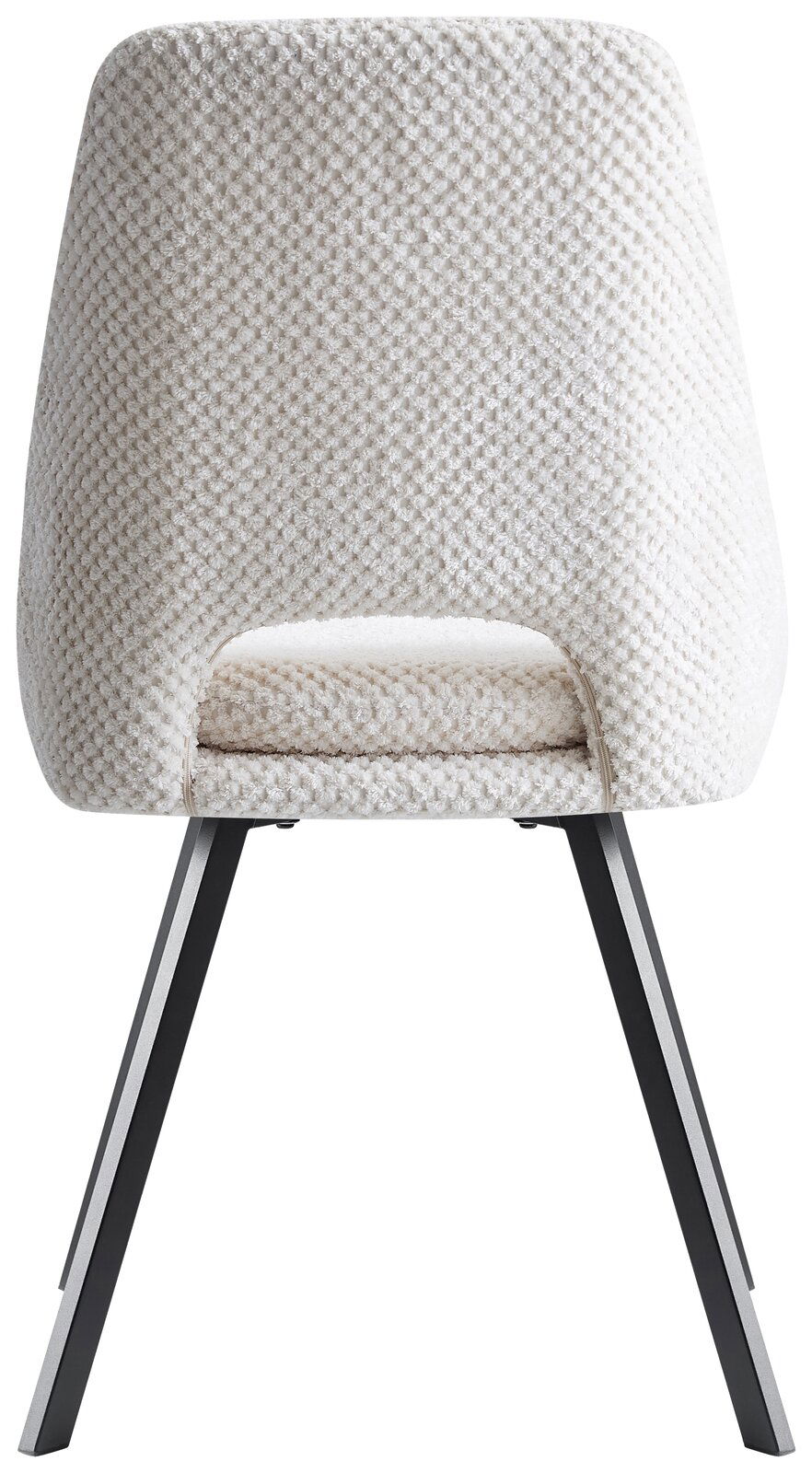 Z2 Stuhl FLAVIO Rückansicht eines modernen Stuhls mit weißem, strukturiertem Stoffbezug und schwarzen Metallbeinen.