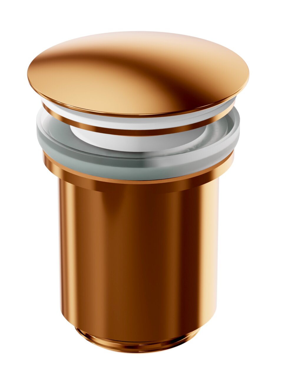 Ablaufgarnitur in glänzendem Kupfer, seitliche Perspektive