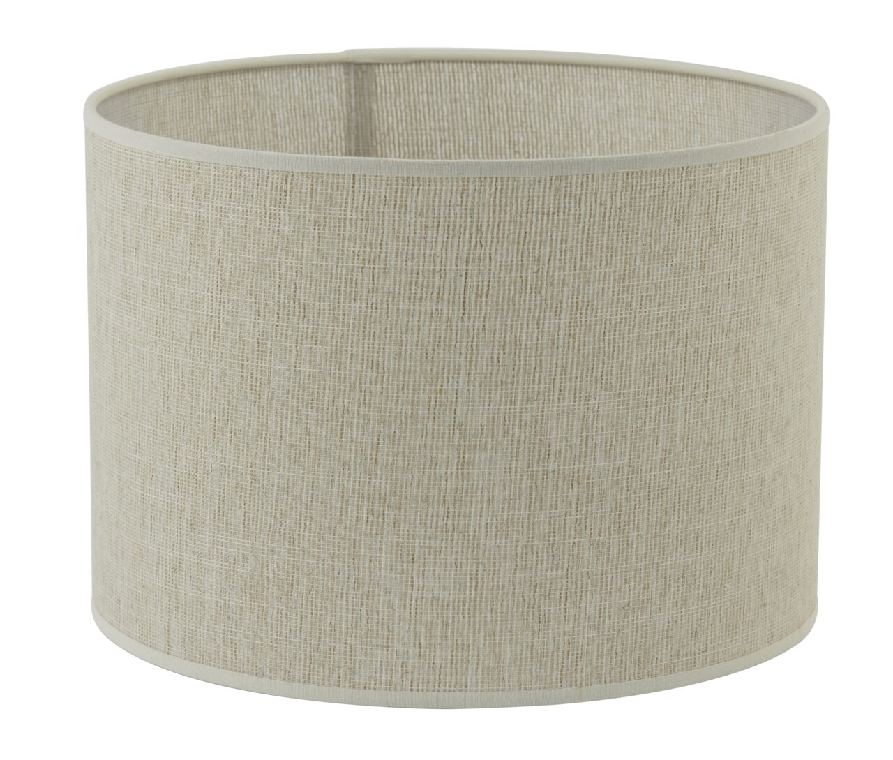 Zylindrischer Lampenschirm aus beigem Stoff, seitliche Perspektive