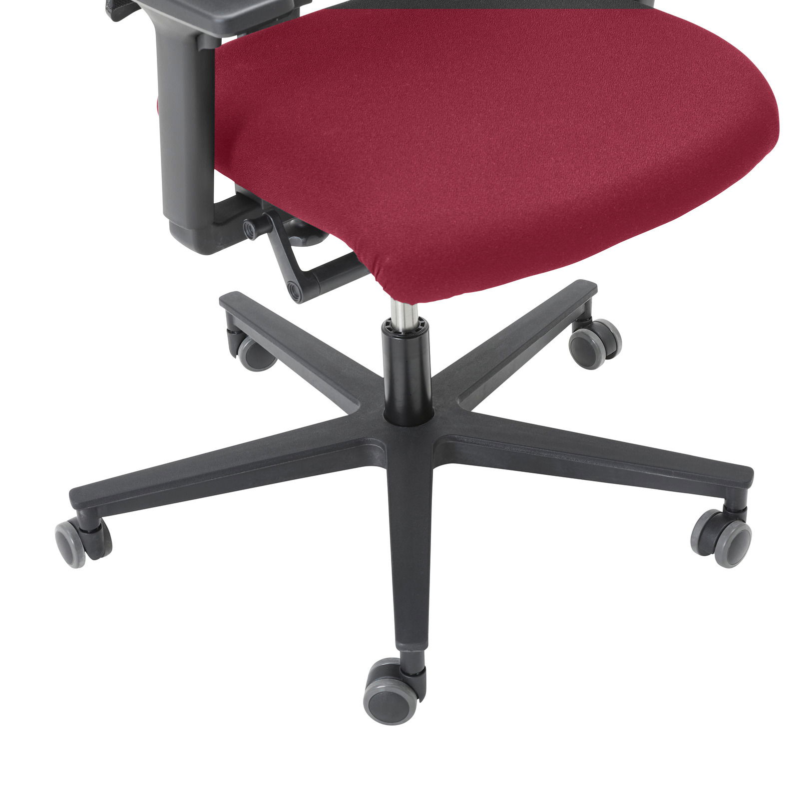Bürostuhl mit rotem Sitzbezug und schwarzem Fußkreuz, seitliche Perspektive