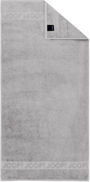 Hellgraues Joop! Frottier-Handtuch mit eingewebtem Logo-Bordürenstreifen, flach ausgebreitet in Frontalansicht von oben, obere Ecke umgeschlagen