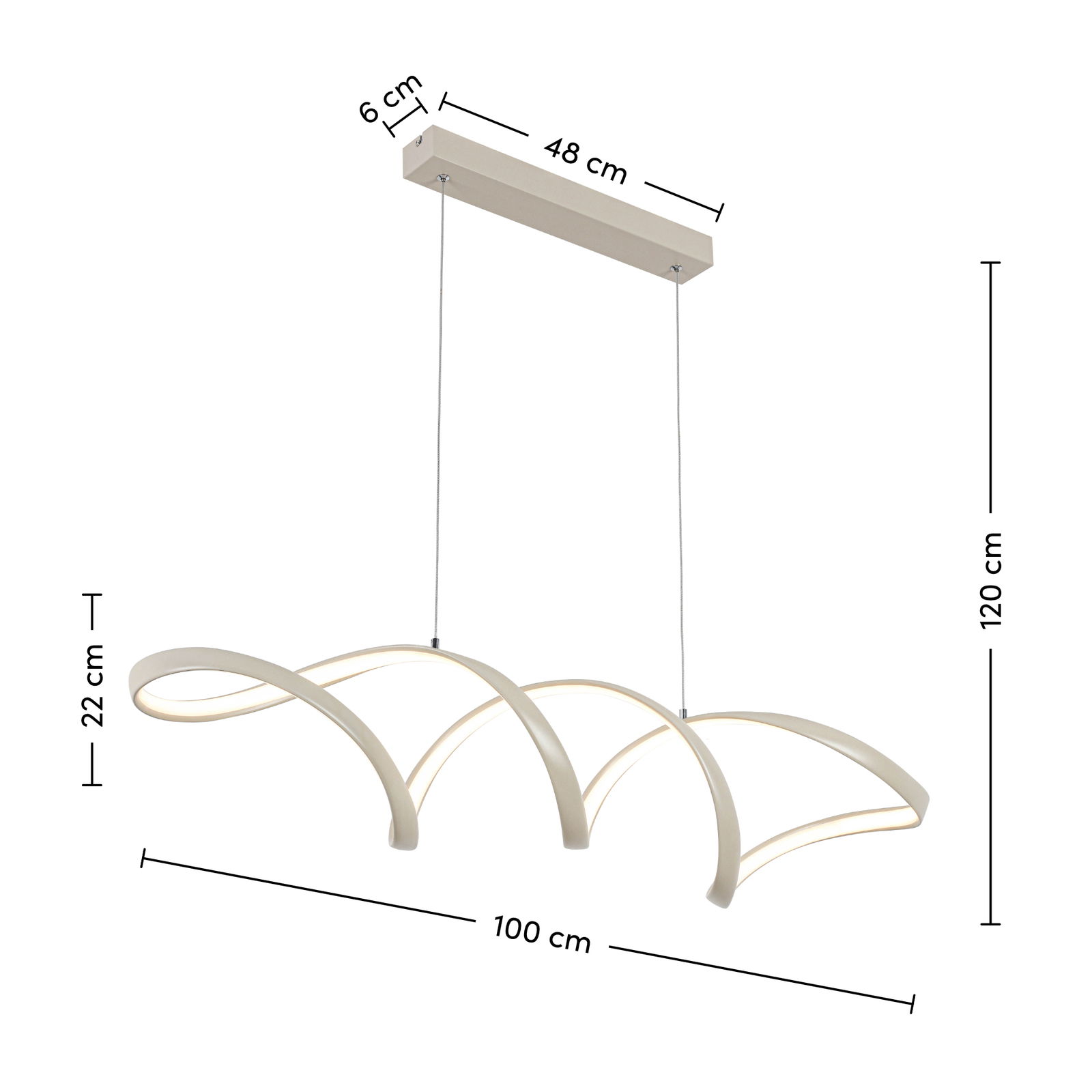 Moderne LED-Hängeleuchte mit geschwungenem Design, seitliche Perspektive