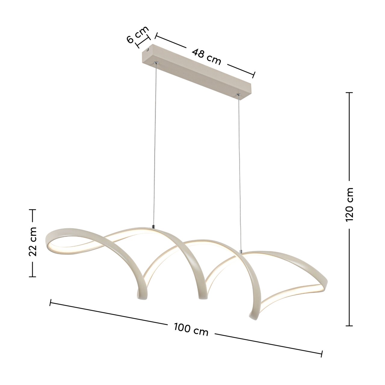 Moderne LED-hanglamp met gebogen vormgeving, zijaanzicht