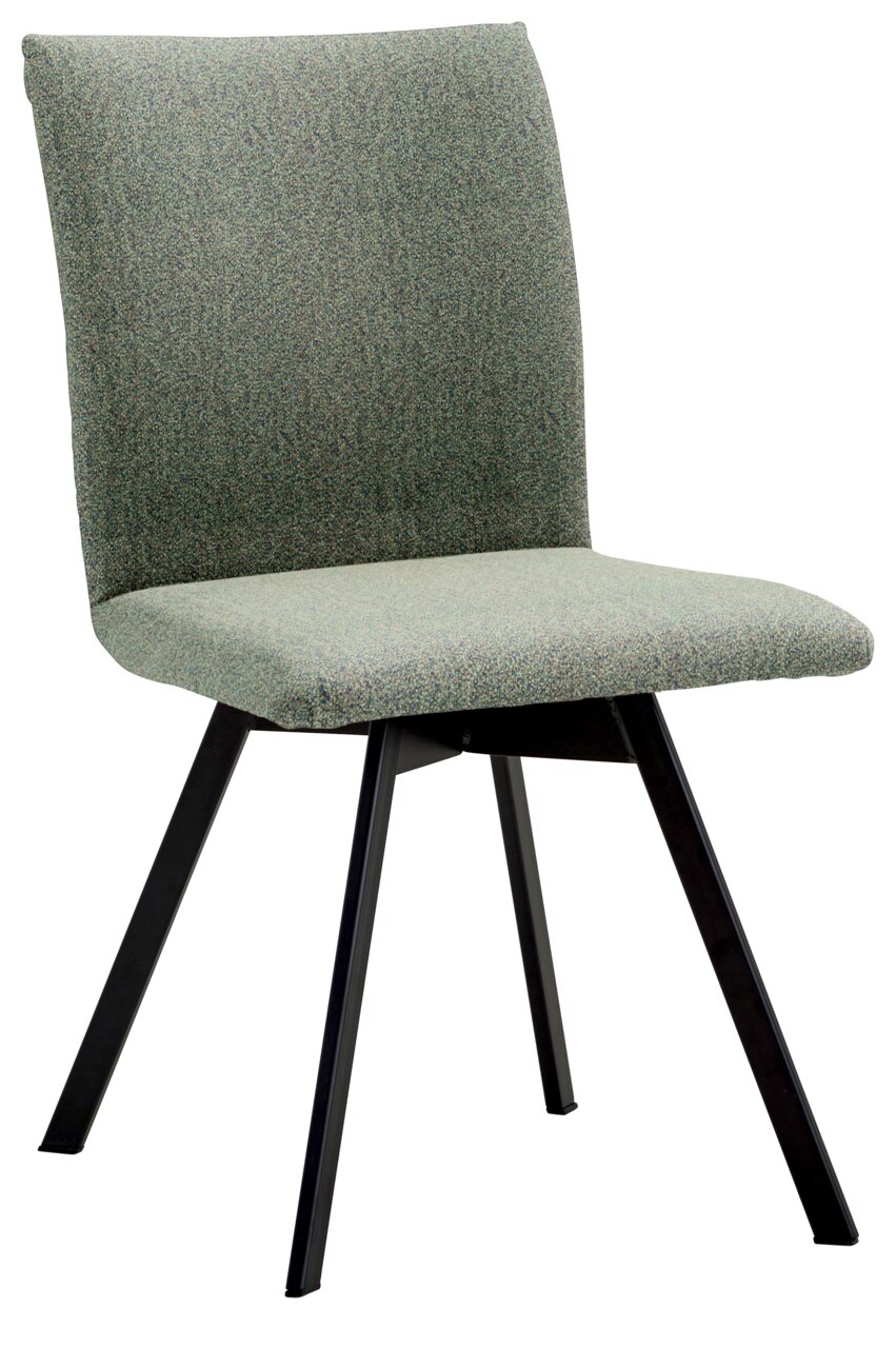 Moderner Stuhl mit grünem Stoffbezug und schwarzen Metallbeinen, seitliche Perspektive