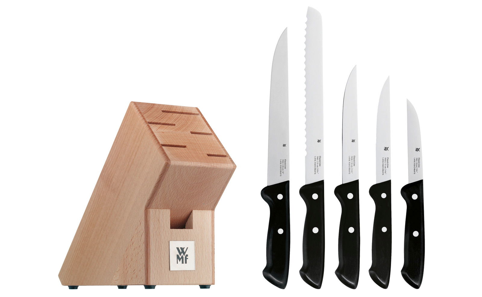 Messerset CLASSIC LINE 6-teilig mit Holzblock, bestehend aus fünf Messern mit schwarzen Griffen und einem schräg stehenden Messerblock aus Holz, seitliche Perspektive