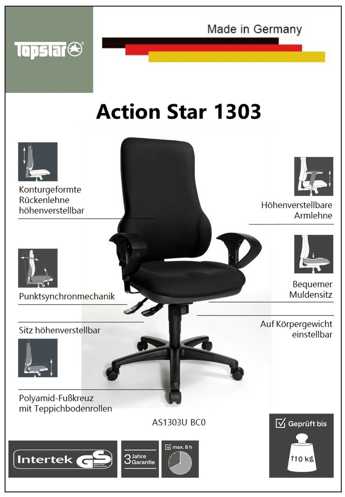 Schwarzer Drehsessel mit konturgeformter, höhenverstellbarer Rückenlehne und höhenverstellbaren Armlehnen, seitliche Perspektive