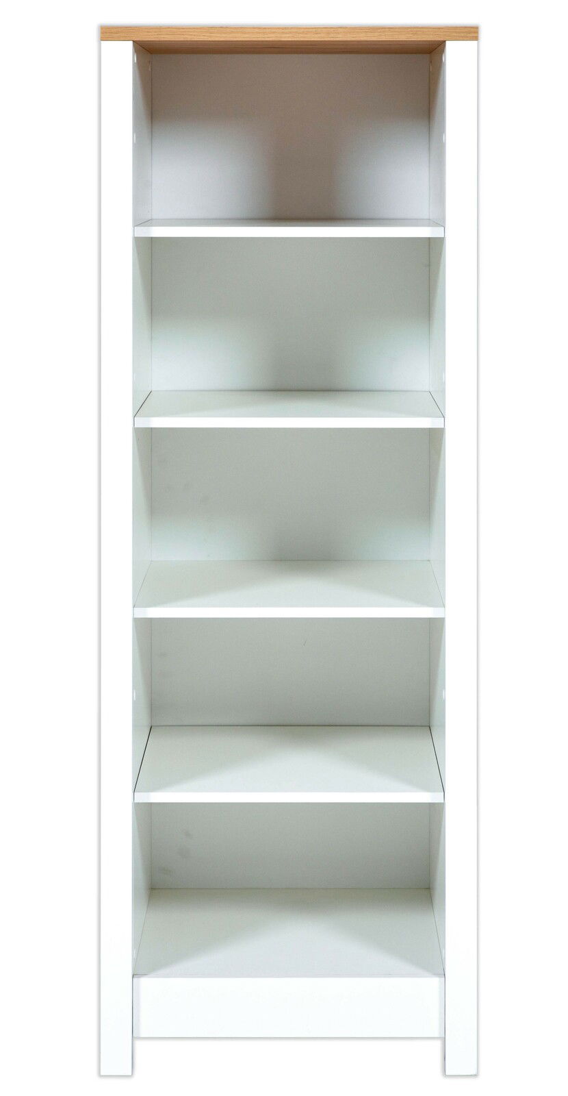 Weißes Standregal mit fünf offenen Regalböden und einer Holzoberfläche, Frontalansicht