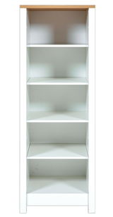 Weißes Standregal mit fünf offenen Regalböden und einer Holzoberfläche, Frontalansicht