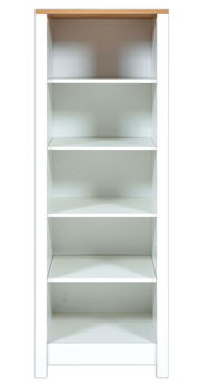 Weißes Standregal mit fünf offenen Regalböden und einer Holzoberfläche, Frontalansicht