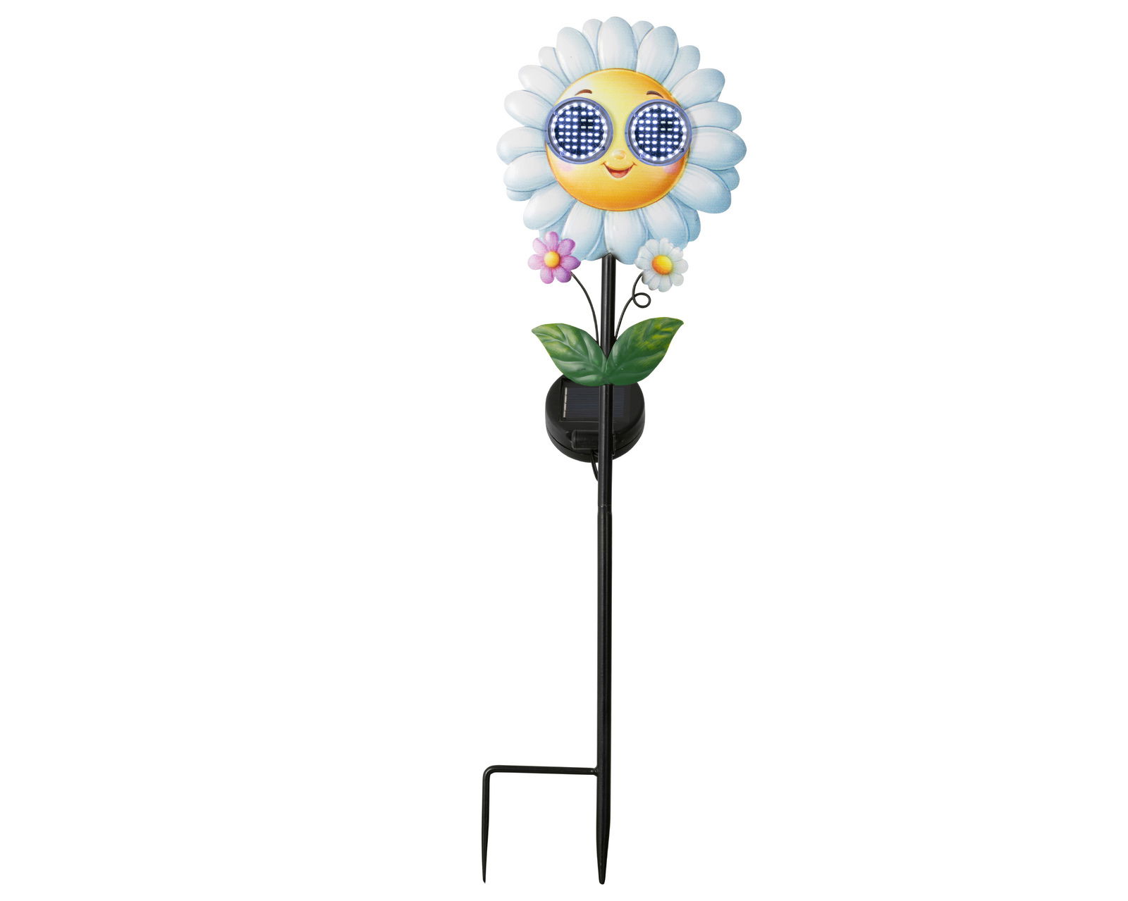 Frontalansicht einer Solar Stabbeleuchtung in Form einer fröhlichen Blume mit Sonnenbrille und Solarpanel.