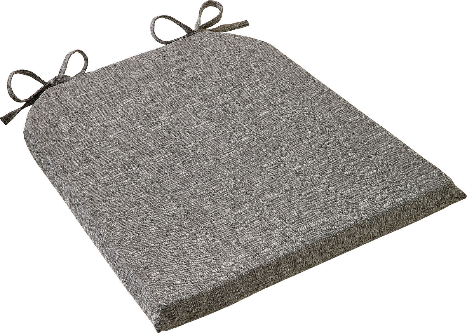 Graue Sitzauflage mit Schleifen zur Befestigung, von oben betrachtet.