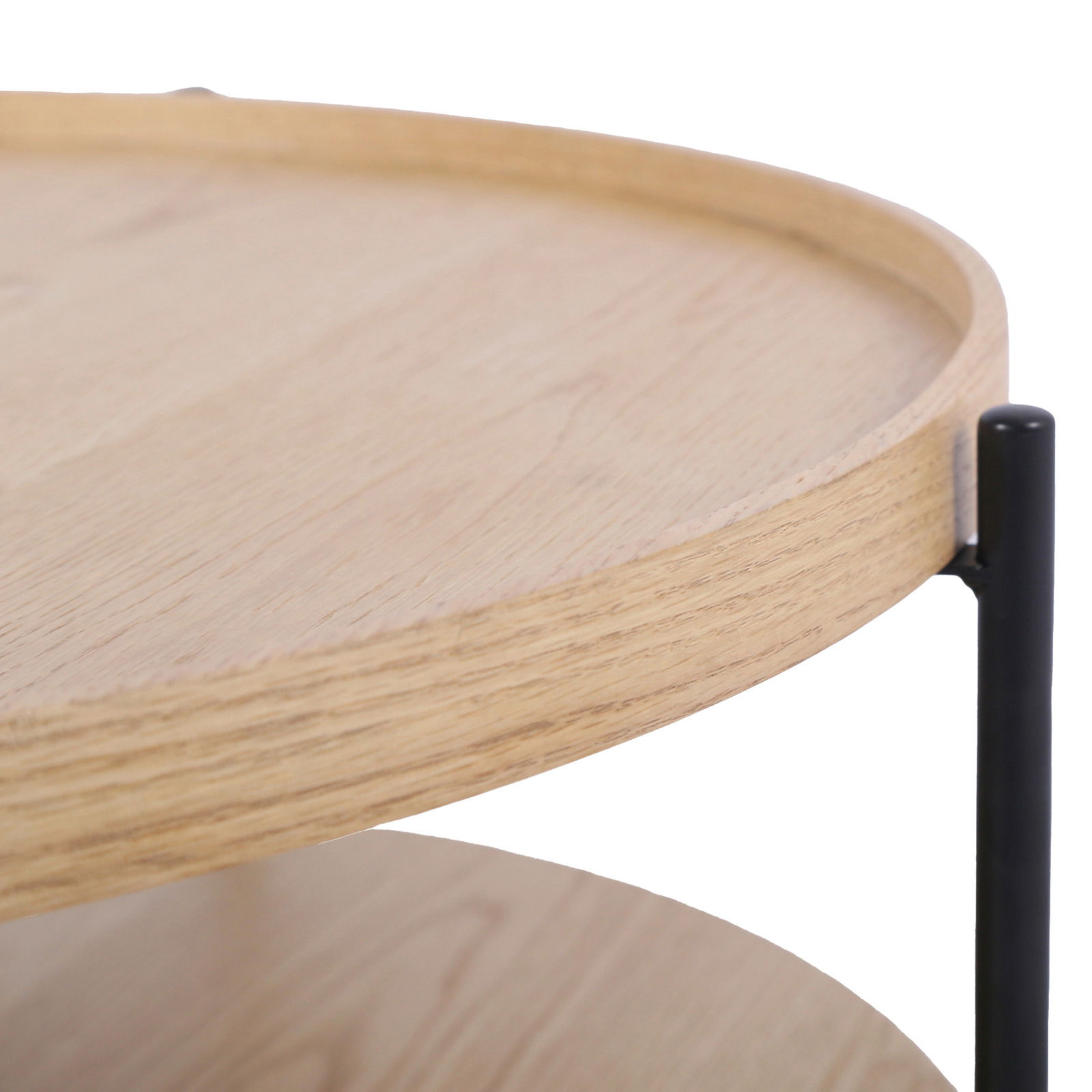 Stylife Couchtisch RONIA Nahaufnahme eines runden Couchtisches mit Holzplatte und schwarzem Metallgestell, seitliche Perspektive