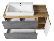 Waschtisch-Set 105 cm mit weißem Waschbecken, Holzoberfläche und grauen Schubladen, aus der Vogelperspektive