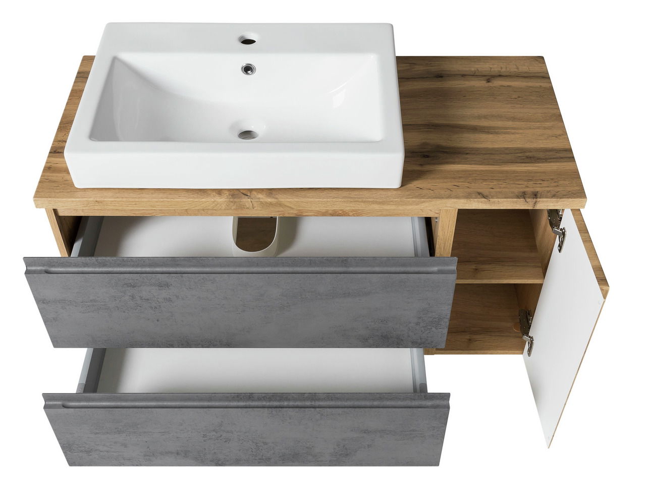 Waschtisch-Set 105 cm mit weißem Waschbecken, Holzoberfläche und grauen Schubladen, aus der Vogelperspektive
