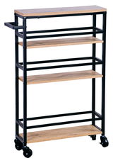 Schwarzer Nischenwagen mit vier Holzregalböden und Metallrahmen, seitliche Perspektive