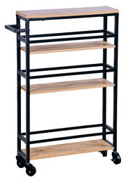 Schwarzer Nischenwagen mit vier Holzregalböden und Metallrahmen, seitliche Perspektive