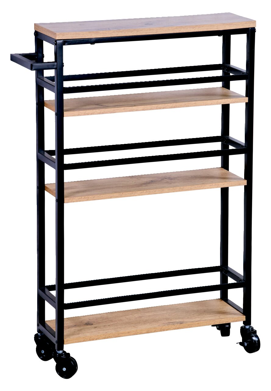 Kesper Nischenwagen Schwarzer Nischenwagen mit vier Holzregalböden und Metallrahmen, seitliche Perspektive