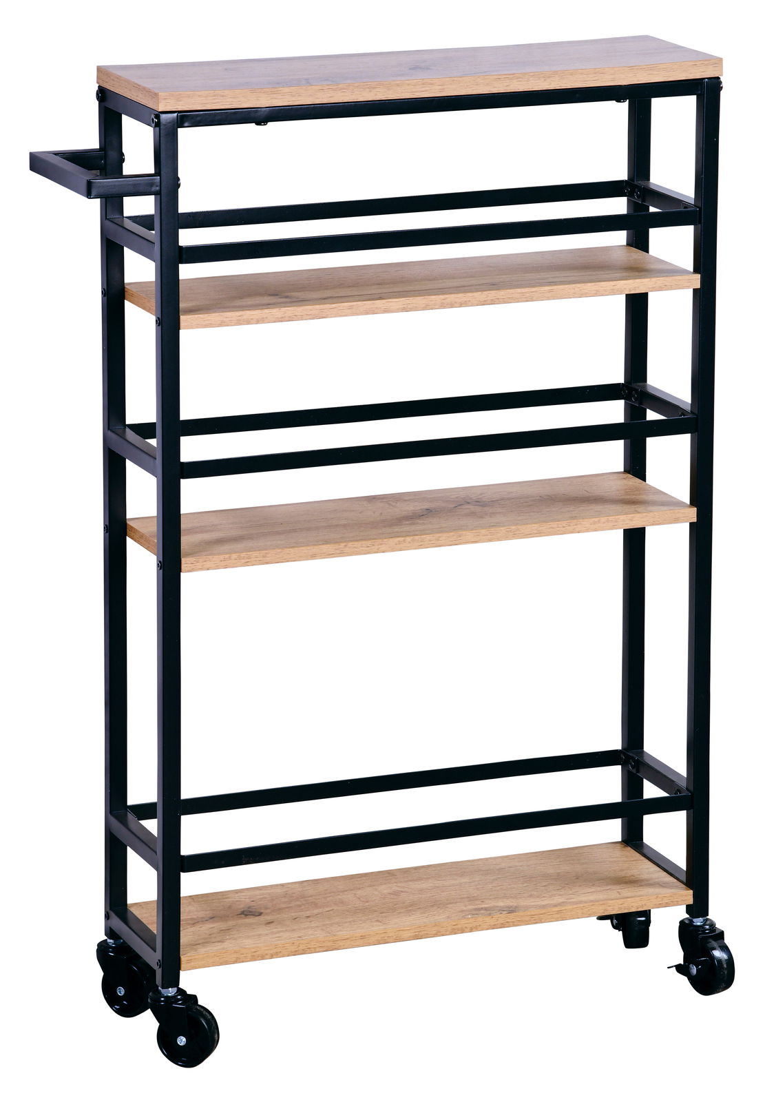 Schwarzer Nischenwagen mit vier Holzregalböden und Metallrahmen, seitliche Perspektive