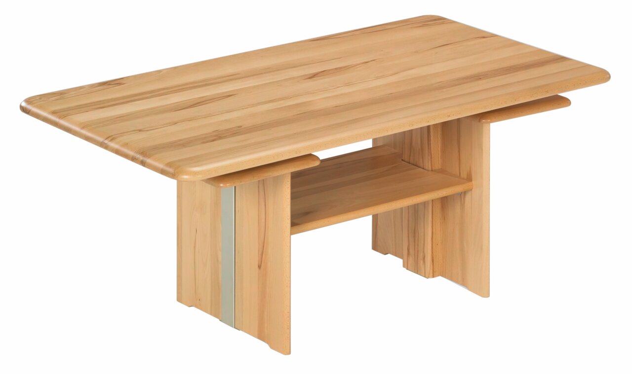Moderner Couchtisch aus hellem Holz mit rechteckiger Tischplatte und zusätzlicher Ablage, seitliche Perspektive