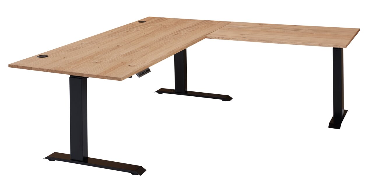 Eckschreibtisch mit Holzfurnier und schwarzem Metallgestell, seitliche Perspektive