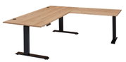 Eckschreibtisch mit Holzfurnier und schwarzem Metallgestell, seitliche Perspektive