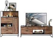 Moderne Wandkombination aus Holz und Metall mit Stauraum und Dekorationen, seitliche Perspektive