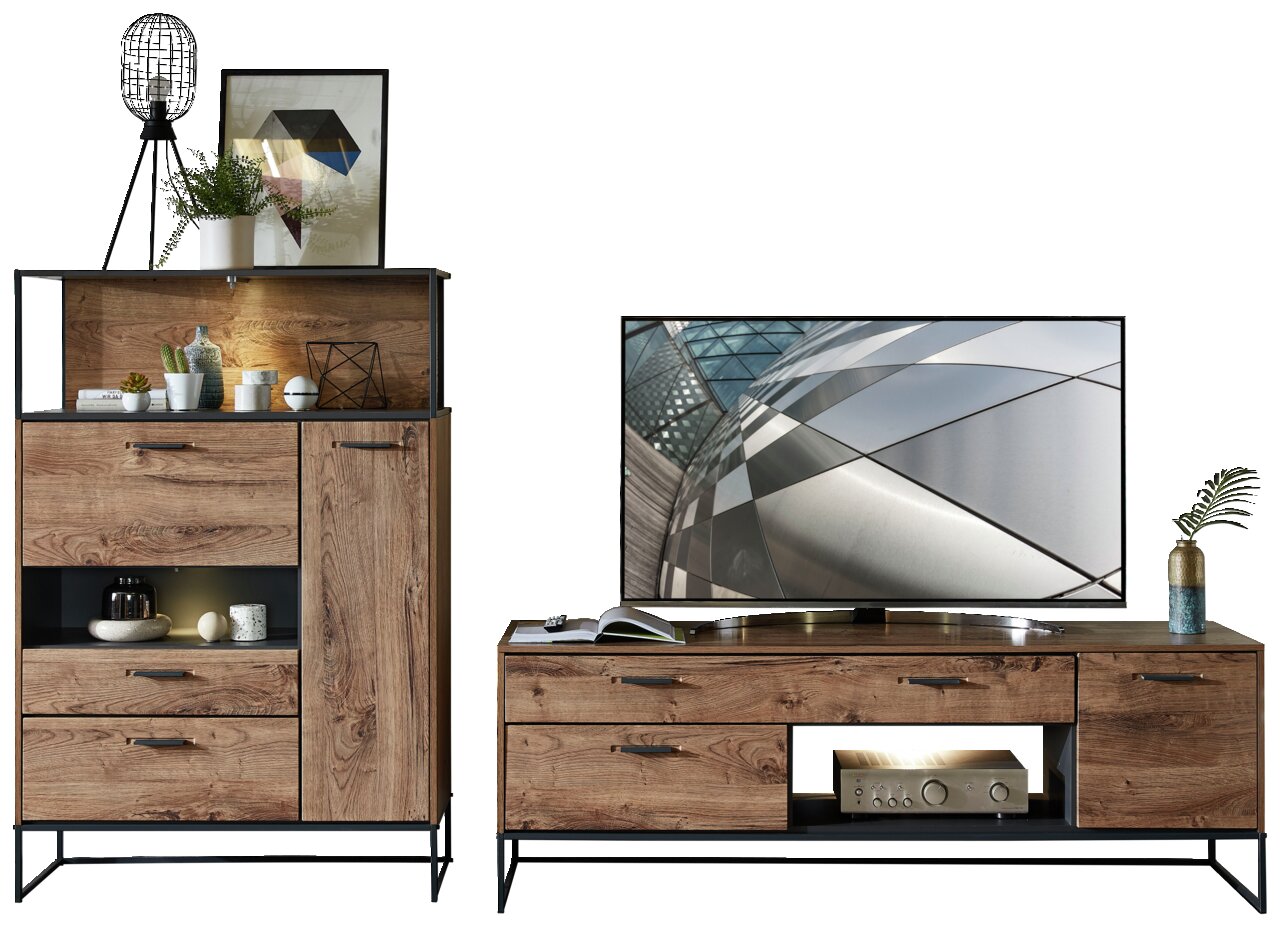 Moderne Wandkombination aus Holz und Metall mit Stauraum und Dekorationen, seitliche Perspektive