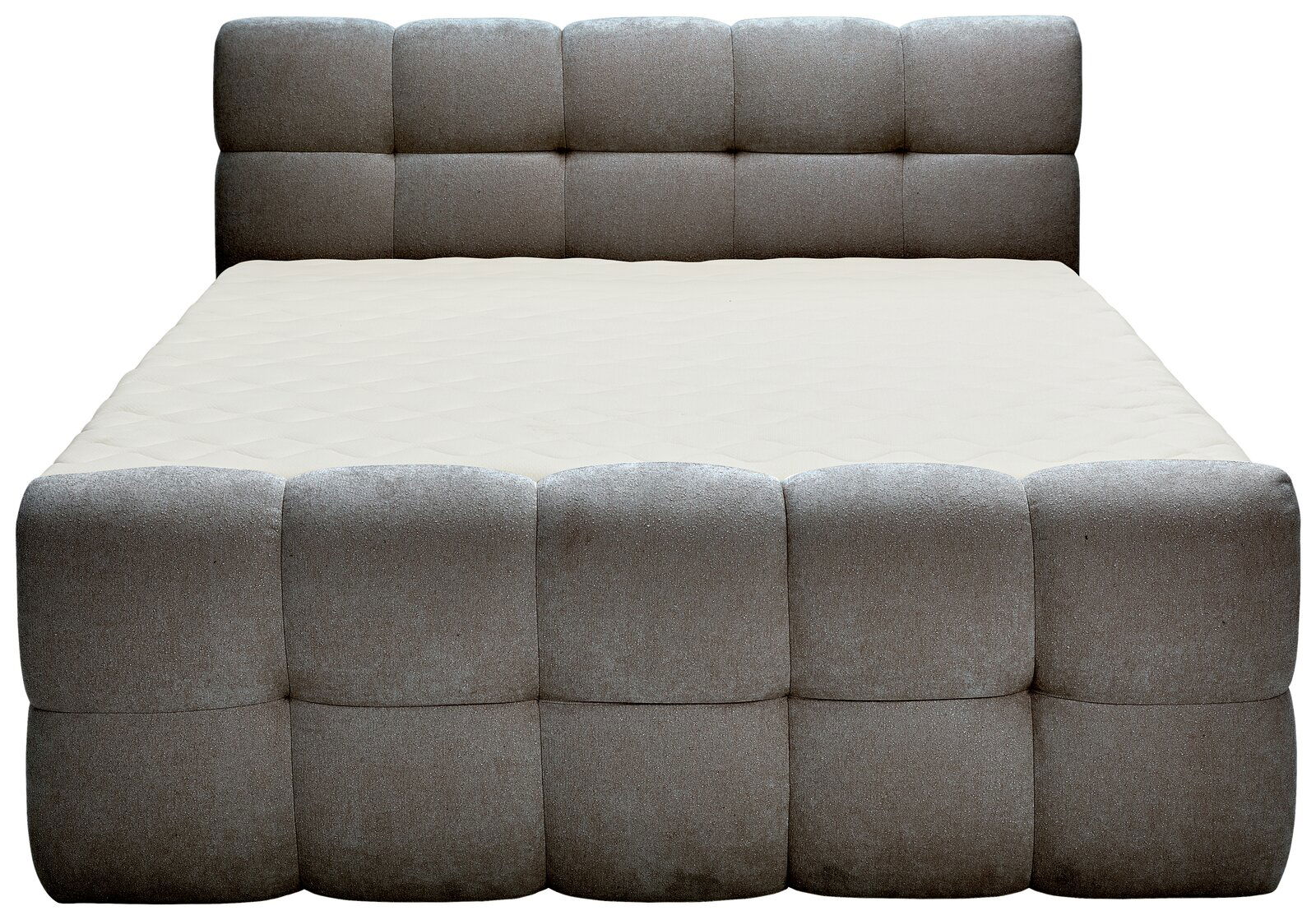 Frontale Ansicht eines gepolsterten Boxbetts mit grauem Stoffbezug und gestepptem Kopfteil.