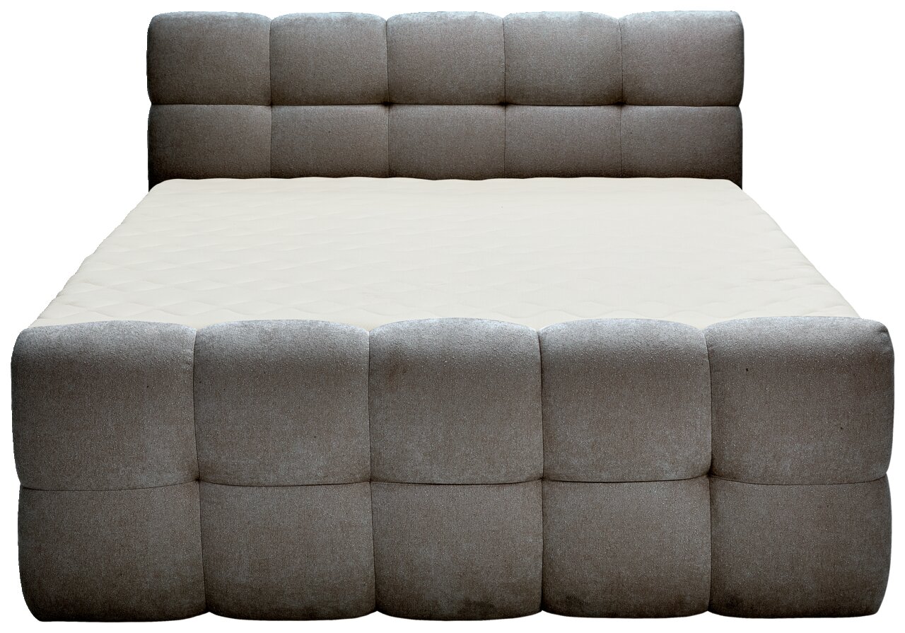 Frontale Ansicht eines gepolsterten Boxbetts mit grauem Stoffbezug und gestepptem Kopfteil.