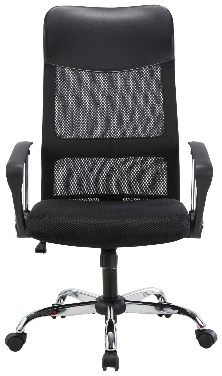 Moderner schwarzer Drehstuhl mit Netzrückenlehne und Armlehnen, Frontalansicht