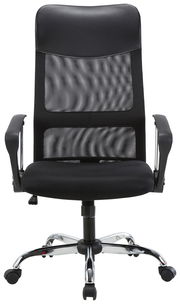 Moderner schwarzer Drehstuhl mit Netzrückenlehne und Armlehnen, Frontalansicht