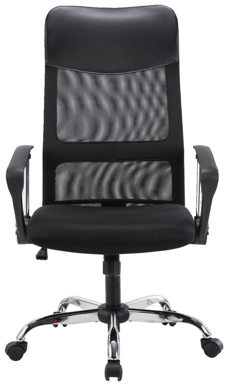 Moderner schwarzer Drehstuhl mit Netzrückenlehne und Armlehnen, Frontalansicht