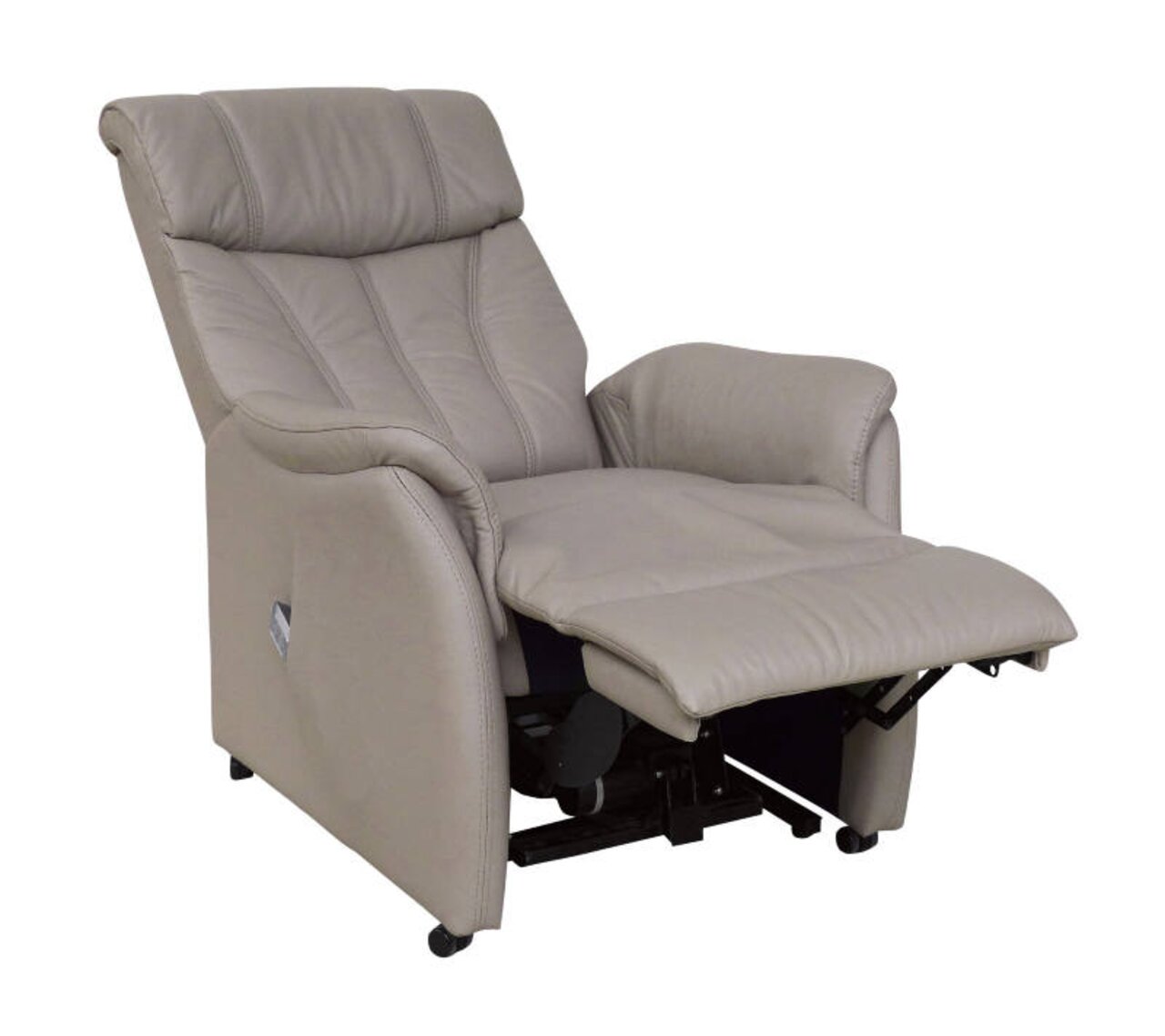 Beige tv-fauteuil in halfliggende positie, zijaanzicht