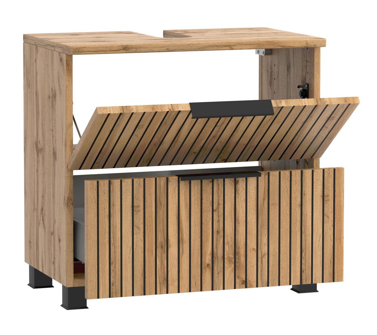 Waschbeckenunterschrank aus Holz mit Lamellenoptik, geöffnete Frontansicht
