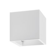Moderne weiße Wandleuchte in kubischer Form, seitliche Perspektive