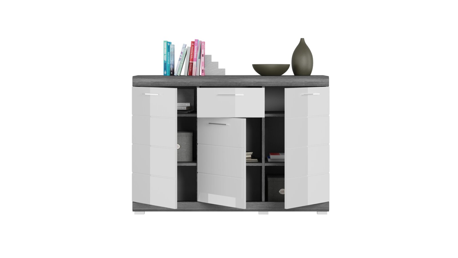 Modernes Sideboard in dunkler Holzoptik mit weißen Hochglanz-Türen und offenen Fächern, mit Büchern und Deko auf der Oberfläche, frontal aus leicht erhöhter Perspektive auf weißem Hintergrund