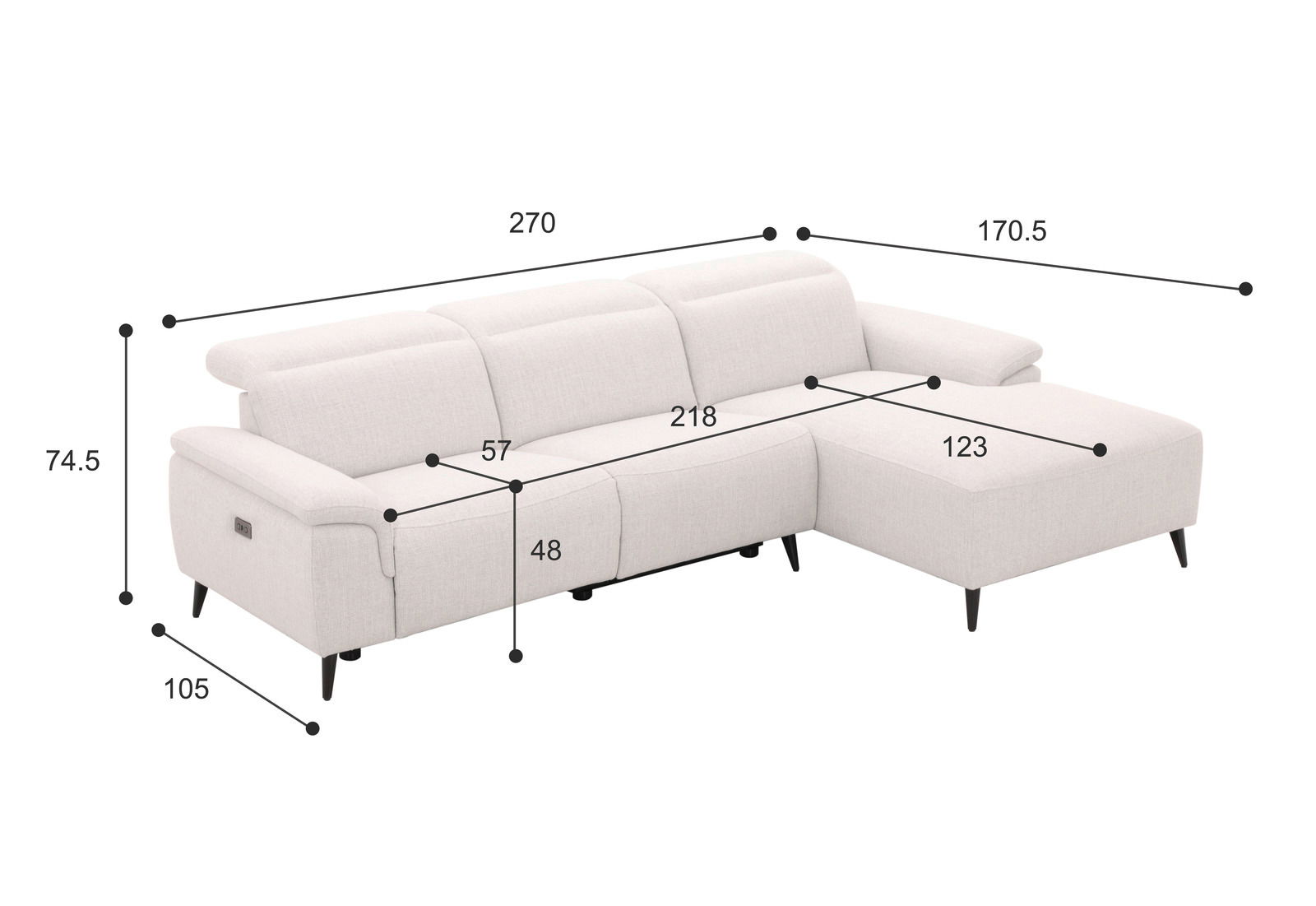 Weiße Longchairkombination mit Maßen, seitliche Perspektive