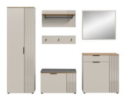 Garderobenkombination bestehend aus einem hohen Schrank, einer Wandgarderobe mit Haken, einem Spiegel, einer Sitzbank mit Stauraum und einem Sideboard, frontal abgebildet.