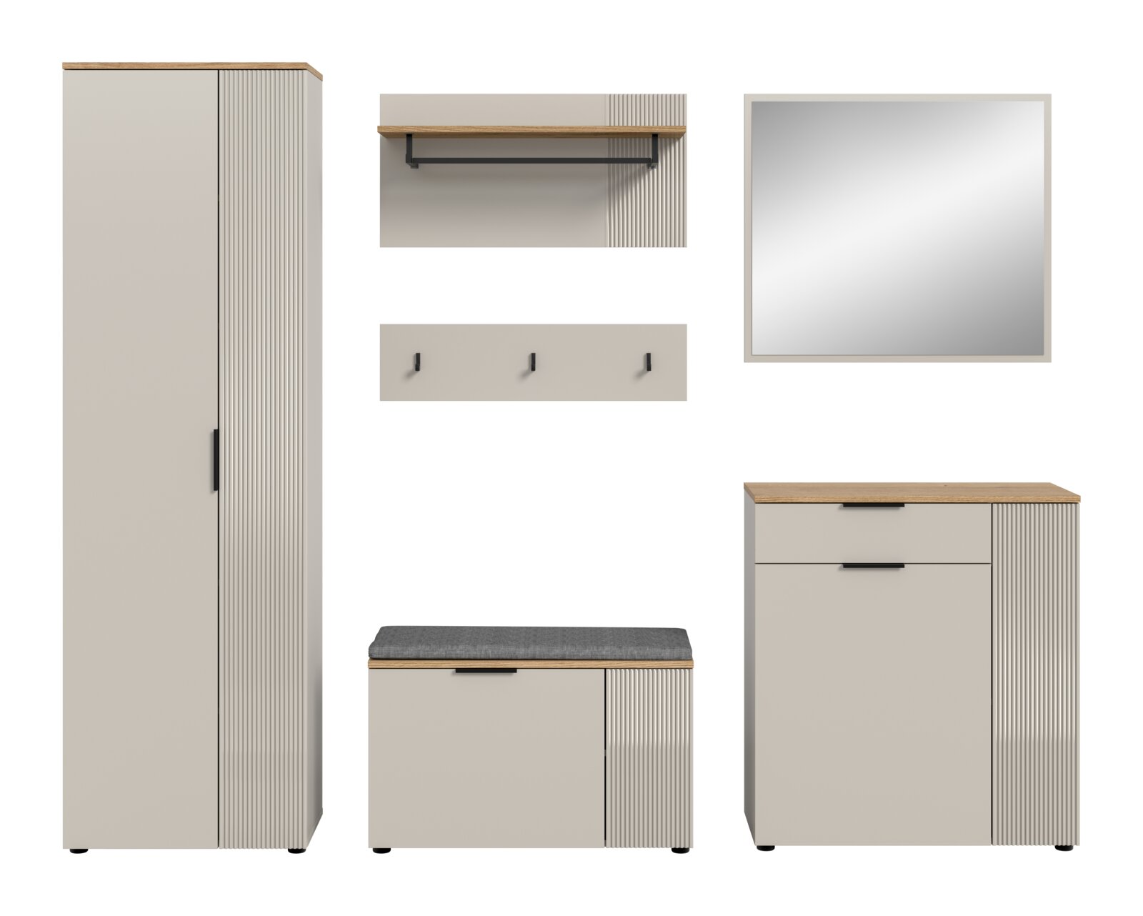 Garderobenkombination bestehend aus einem hohen Schrank, einer Wandgarderobe mit Haken, einem Spiegel, einer Sitzbank mit Stauraum und einem Sideboard, frontal abgebildet.
