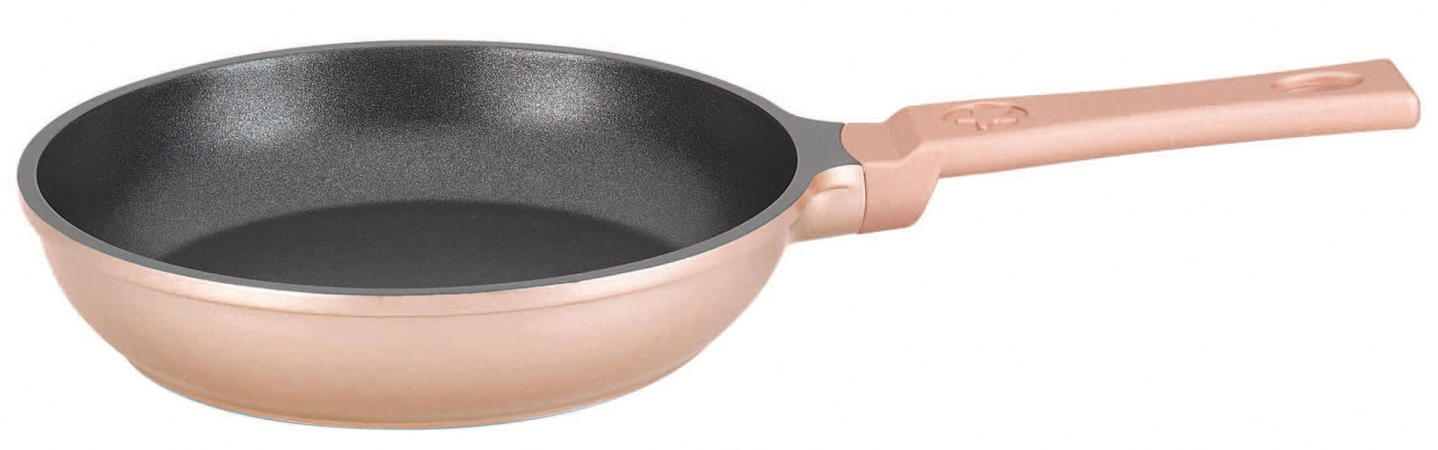 Spring Mini Bratpfanne CLASSIC Mini Bratpfanne CLASSIC 18 cm in seitlicher Perspektive, mit roségoldenem Äußeren und schwarzer Antihaftbeschichtung.