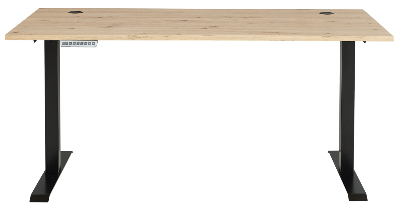 E-Schreibtisch Voleo DETROIT in Frontalansicht mit Holzplatte und schwarzen Metallbeinen