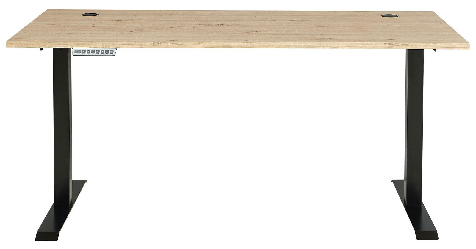 E-Schreibtisch Voleo DETROIT in Frontalansicht mit Holzplatte und schwarzen Metallbeinen