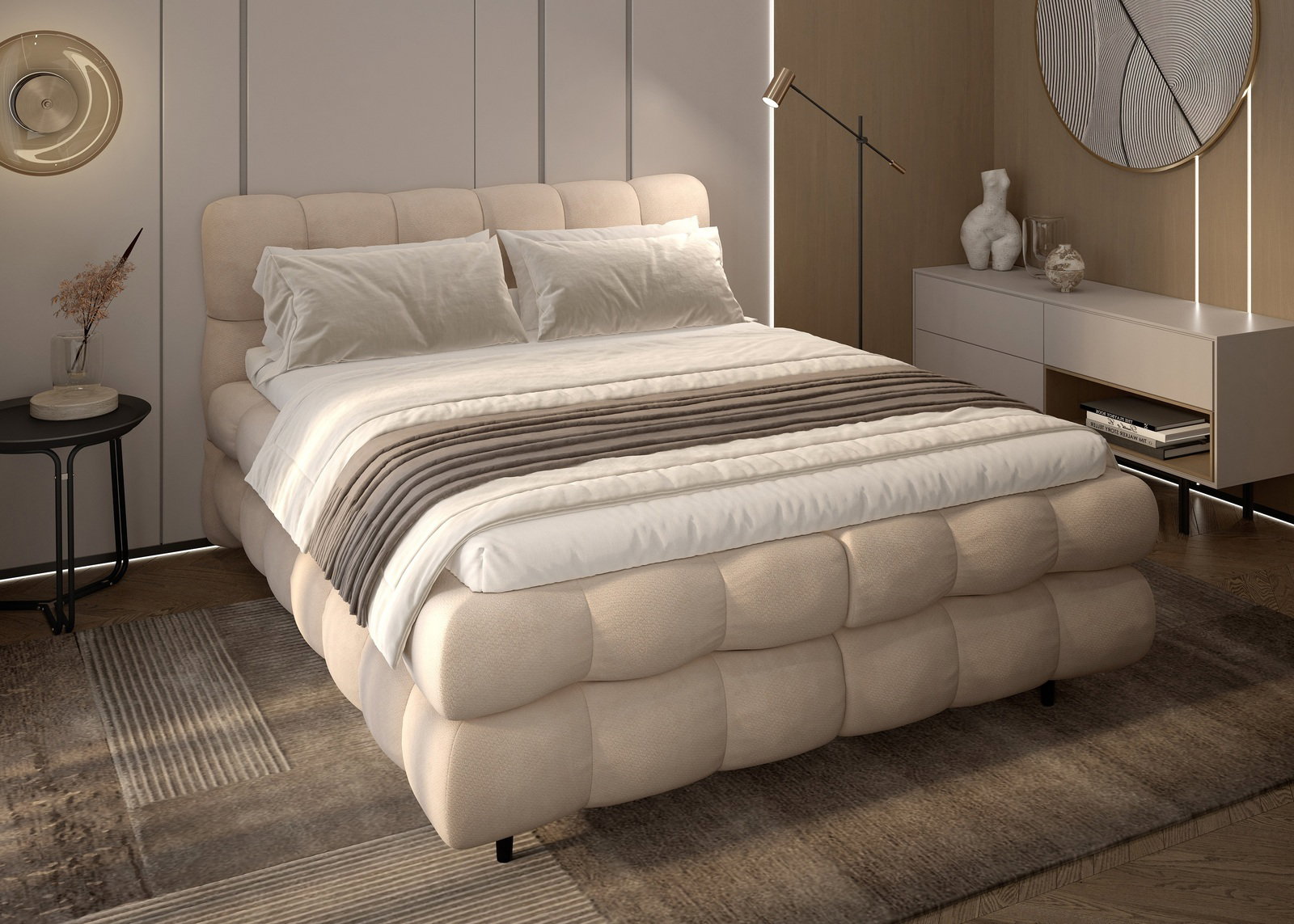 Gemütliches Boxbett in einem modernen Schlafzimmer, seitliche Perspektive