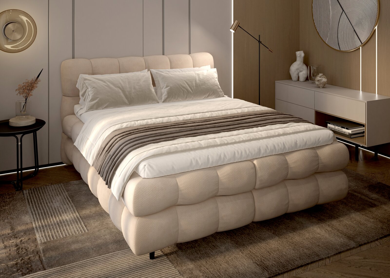 Gemütliches Boxbett in einem modernen Schlafzimmer, seitliche Perspektive